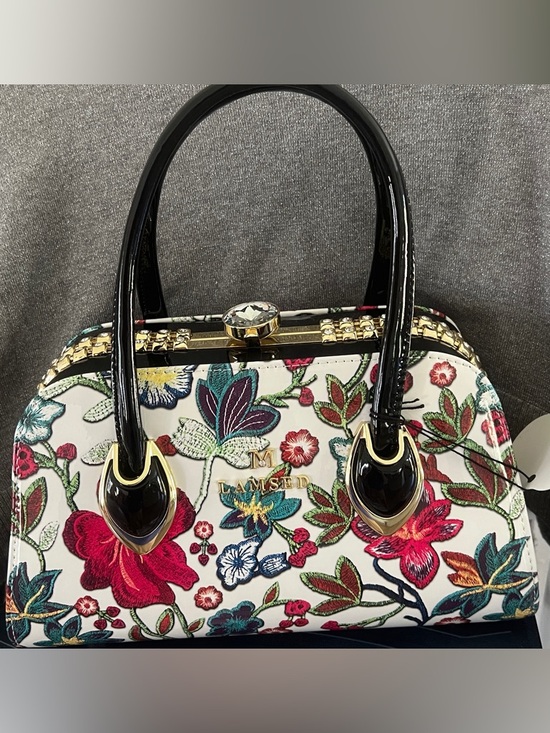 M Lamsed Handbags - Floral Shiny Patent Dome Handbag in Multicolor with Diamond Clasp & Border